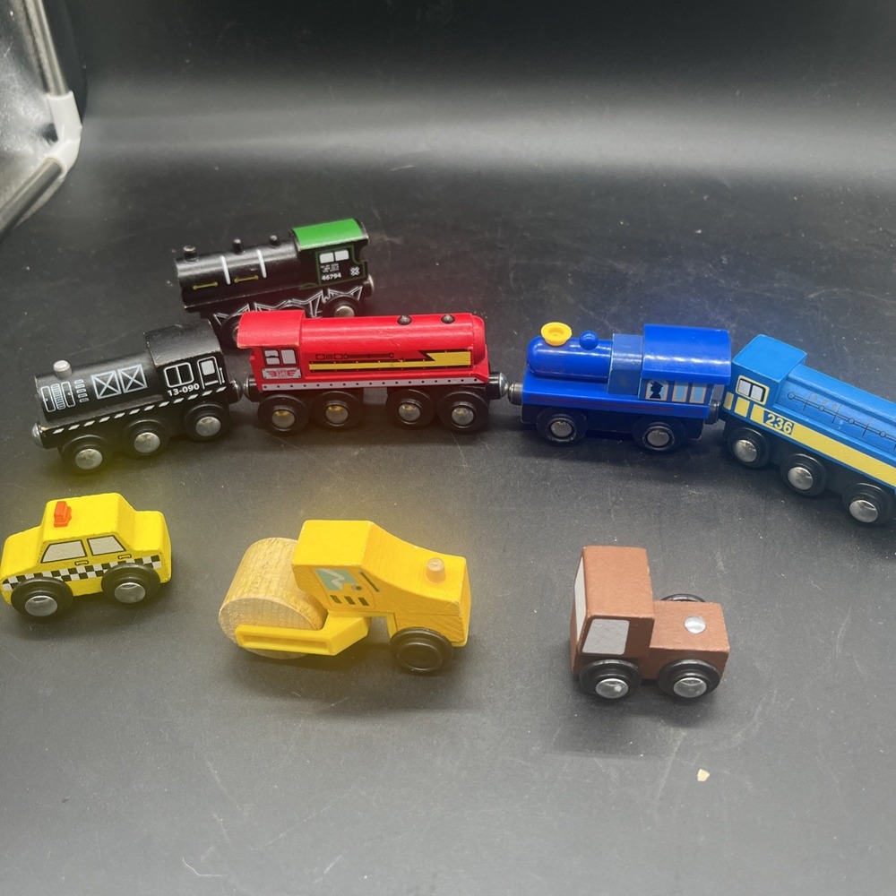 Mixed Wooden Train Lot 8pc Imaginarium Maxim Toys R Us Steam Roller Taxi